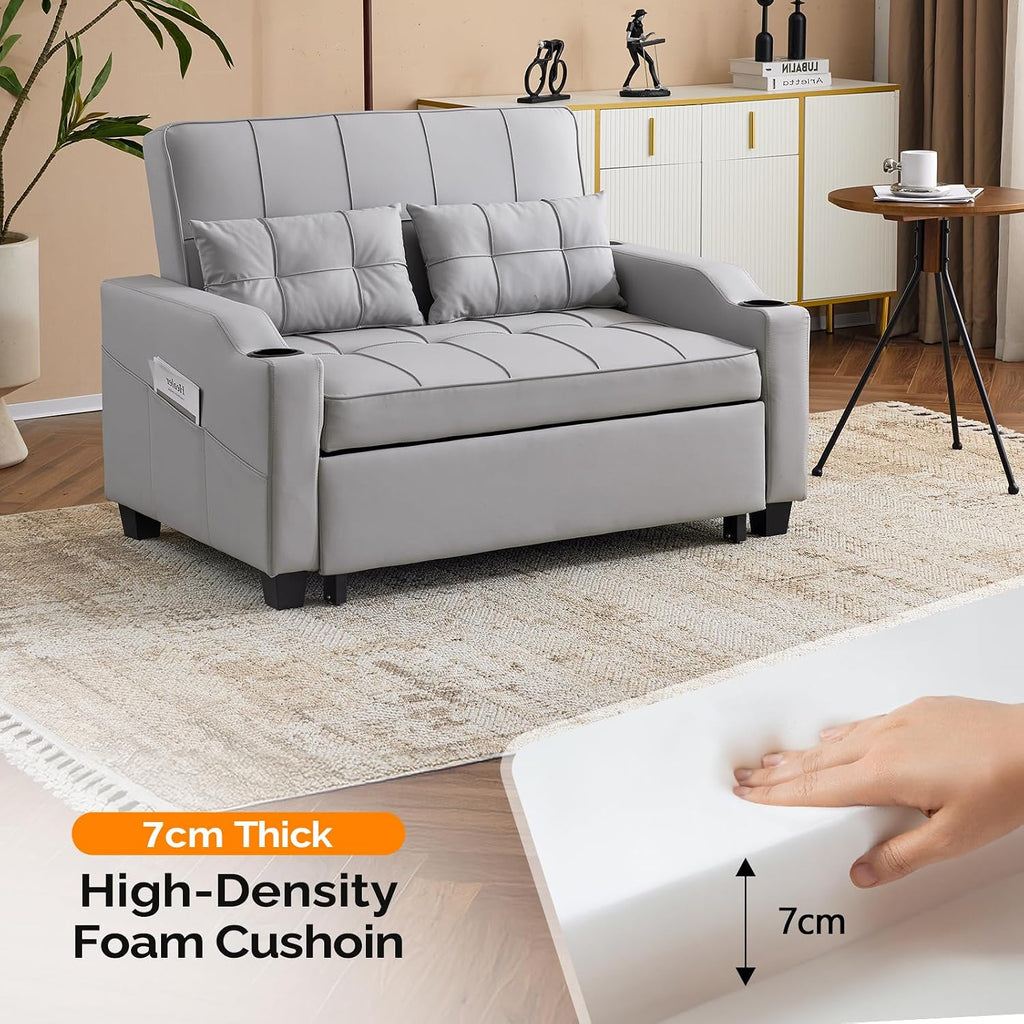 VINGLI Light Grey Futon Sofa Bed Convertible Loveseat Sleeper Couch, Faux Leather Pullout Sofa Fold Out Couch Bed with USB Ports, Cup Holders, Armrest for Living Room, Bedroom Apartment Room