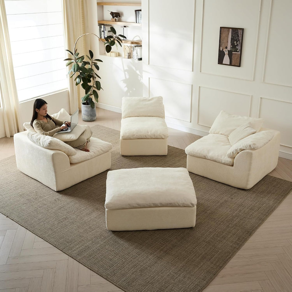 110' Cloud Sectional Couches for Living Room, Convertible L-Shape Boneless Couch with Ottoman, 3 Seater Compressed Sofa Bed Modular Sectional Sofa (Beige)