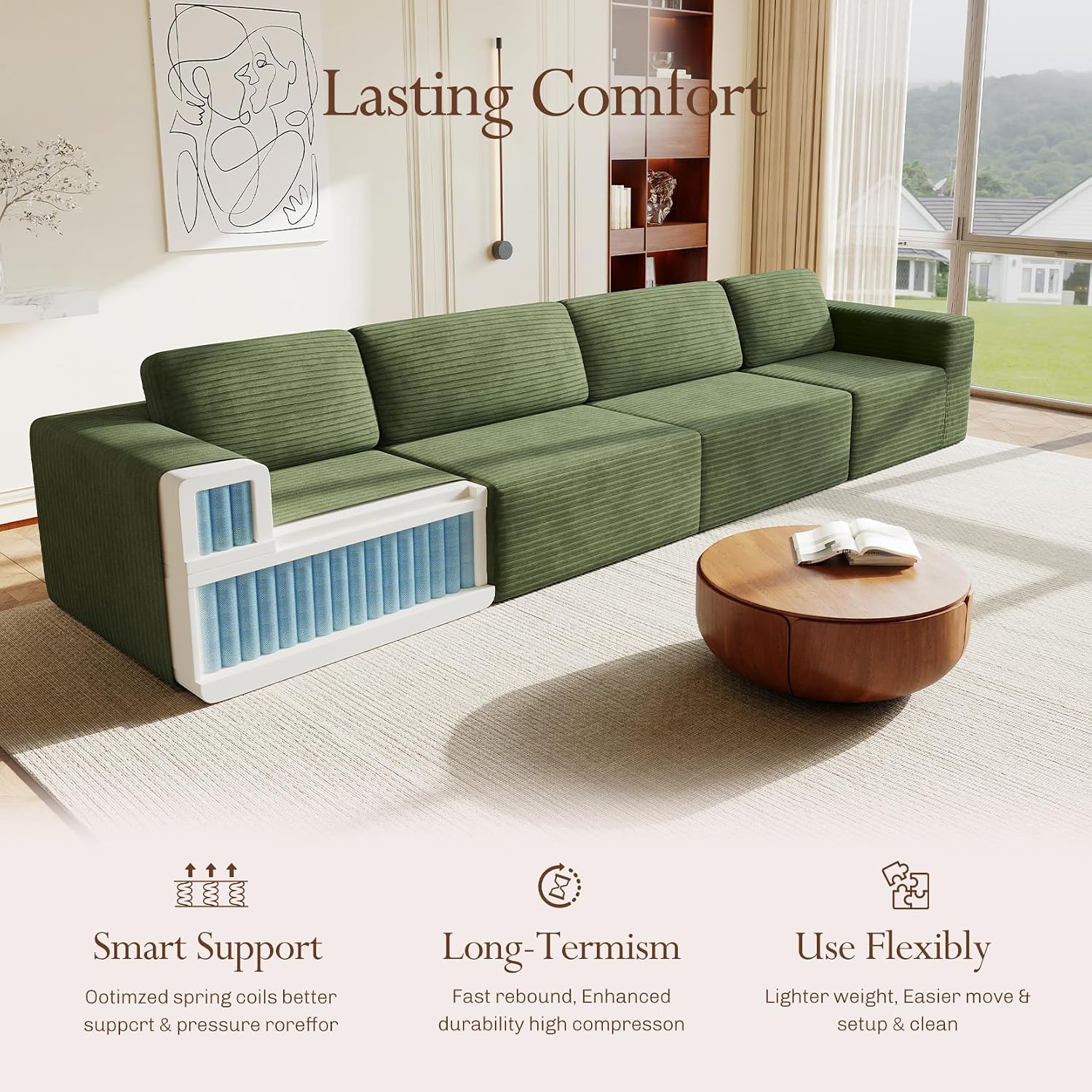 Vesgantti 159' Modular Sectional Sofa, Corduroy Cloud Couch with Extra Deep Seats & Spring Support, Flexible Layout 4-Seater Boneless Couch, No Assembly Required, Green