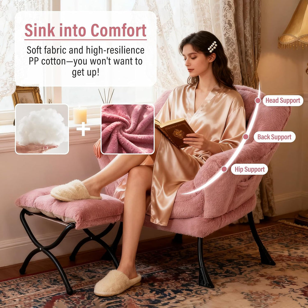 Furlide Lazy Chair with Ottoman, Modern Accent Chair with Armrests and a Side Pocket, Plush Dark Pink Accent Chairs, Reading Chairs, Oversized Armchairs for Bedroom, Study, Living Room, Courtyard