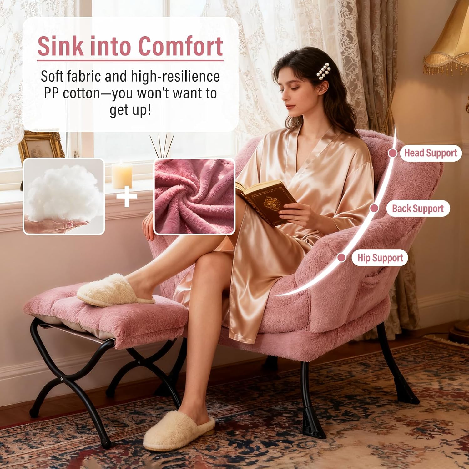 Furlide Lazy Chair with Ottoman, Modern Accent Chair with Armrests and a Side Pocket, Plush Dark Pink Accent Chairs, Reading Chairs, Oversized Armchairs for Bedroom, Study, Living Room, Courtyard
