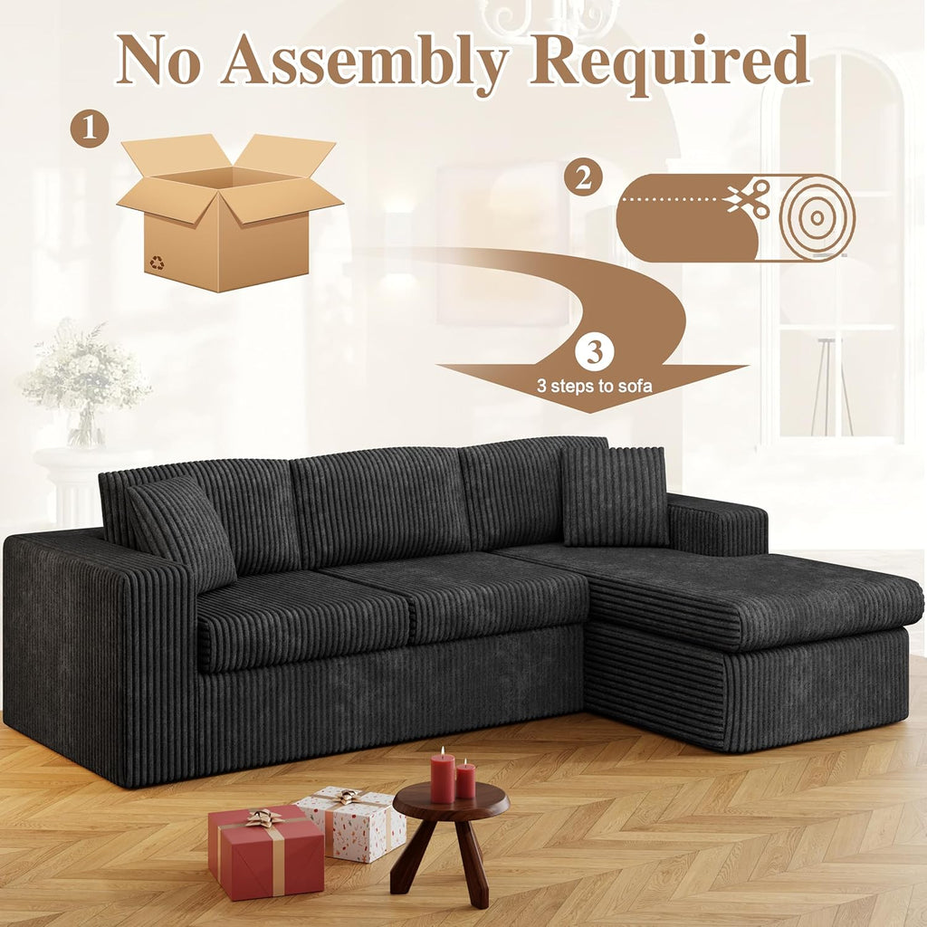 JAMFLY 105' Boneless Couches for Living Room Modular Sectional Sofa L-Shape Couch with Oversized Chaise, Cloud Couch Deep Seat Memory Foam Upholstered for Bedroom, Plush Corduroy Fabric,Night Black