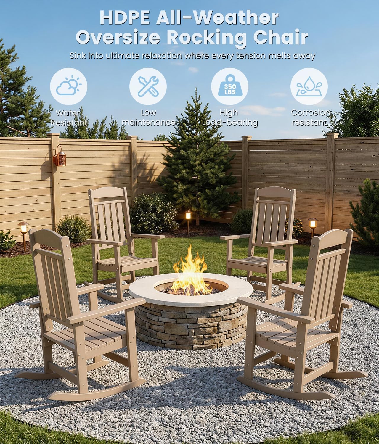 FOOWIN Outdoor Rocking Chair Set of 2, High Back Patio Rocking Chair, HDPE All Weather Resistant Porch Rocker for Adult, Oversized Rocking Chairs for Garden, Lawn, Indoor & Outdoor Use, Brown