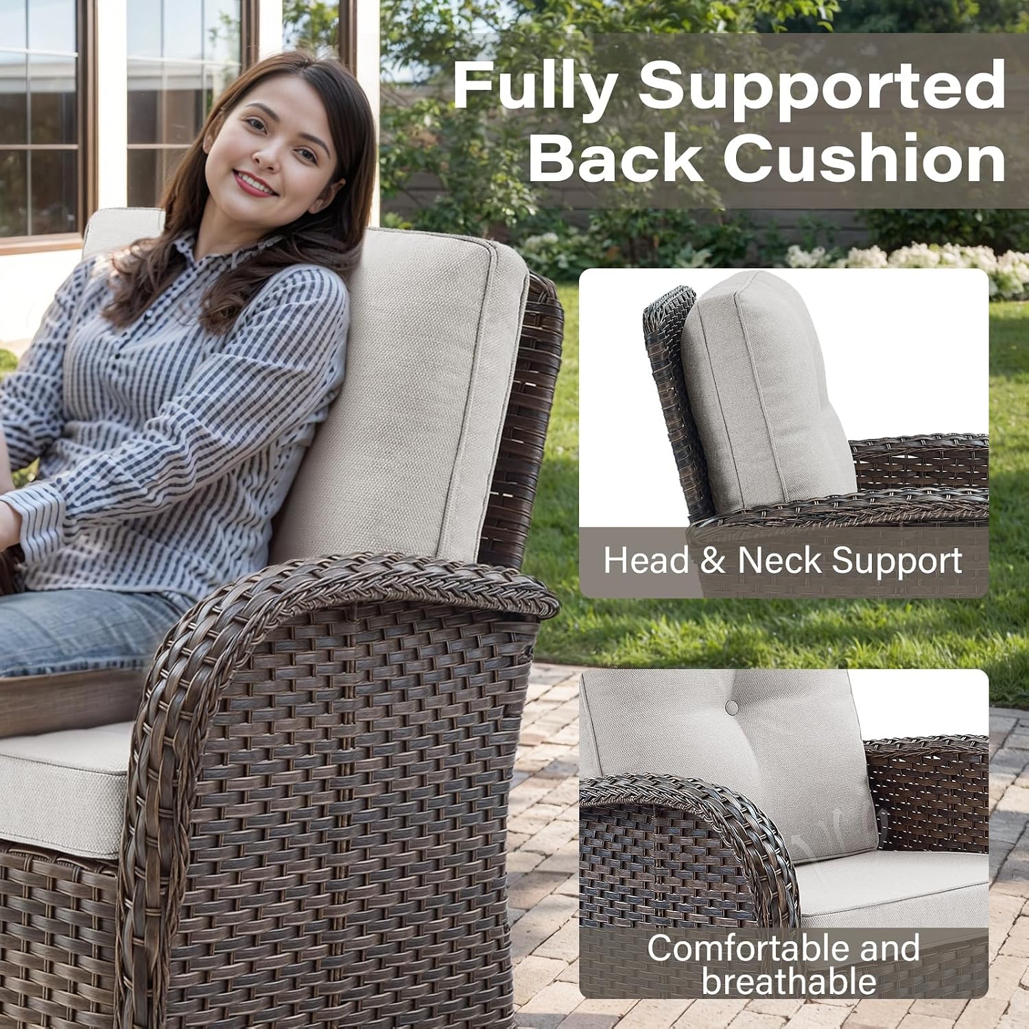 Belord Wicker Outdoor Furniture Set - 7 Piece Patio Conversation Sets with Comfort Swivel Rocker Glider Patio Chairs Set of 2 and Rattan Sofa, Tempered Glass Coffee Table and Side Table,Brown/Beige