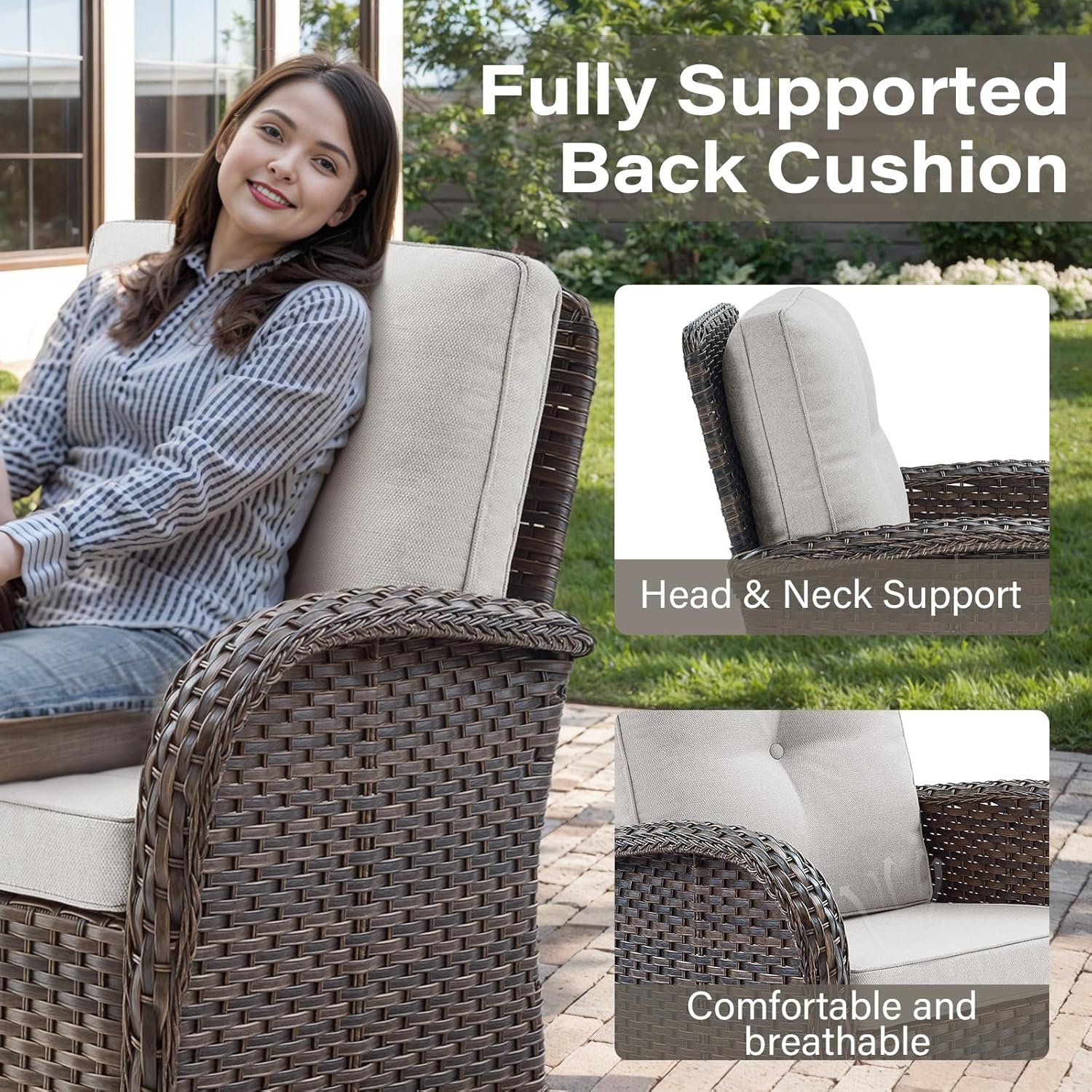 Belord Patio Furniture Swivel Glider PE Wicker Chairs, Outdoor Swivel Rocker Seating with Cushions for Porch Deck Balcony, Brown/Beige