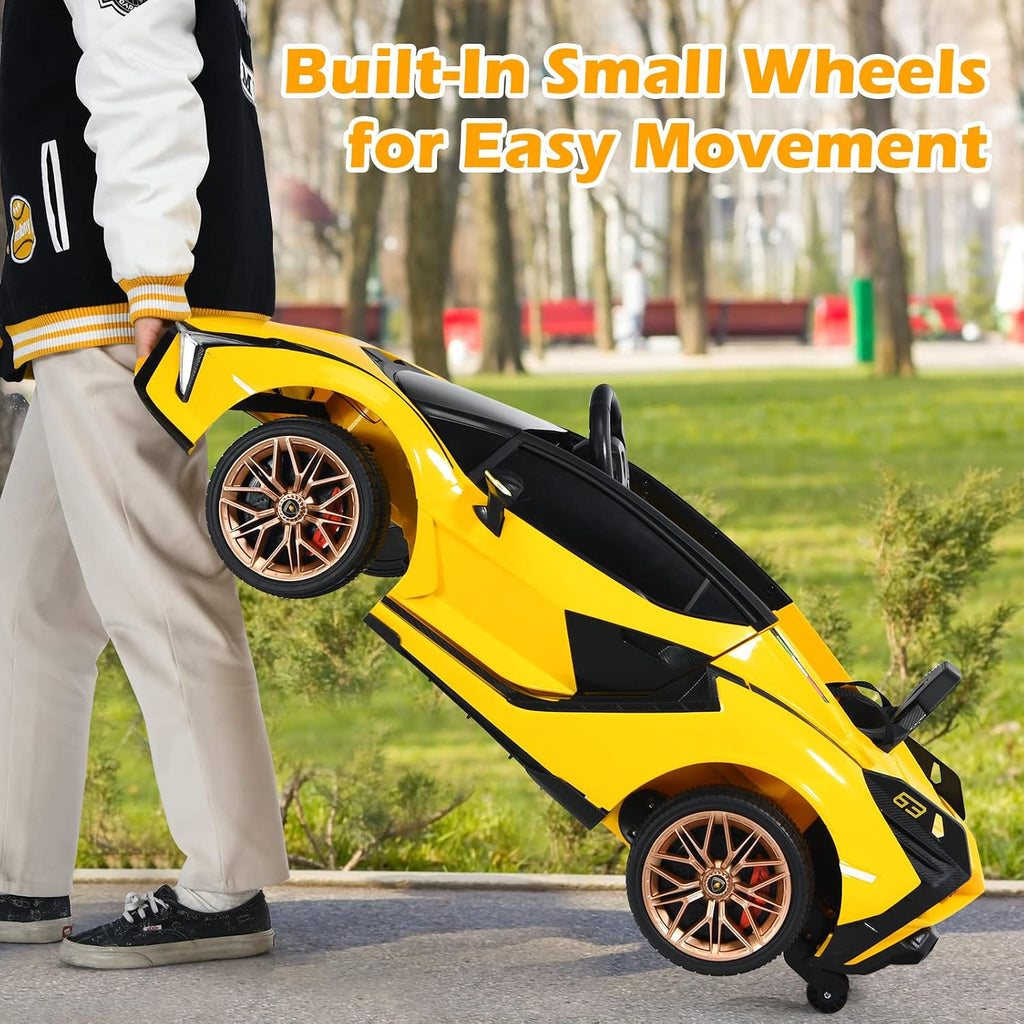 INFANS 12V Licensed Lamborghini Sian Kids Ride On Car with Parent Remote Control, Spring Suspension, MP3 Player, Electric Toy Roadster Carbon Fiber Textured for Toddler (Yellow)