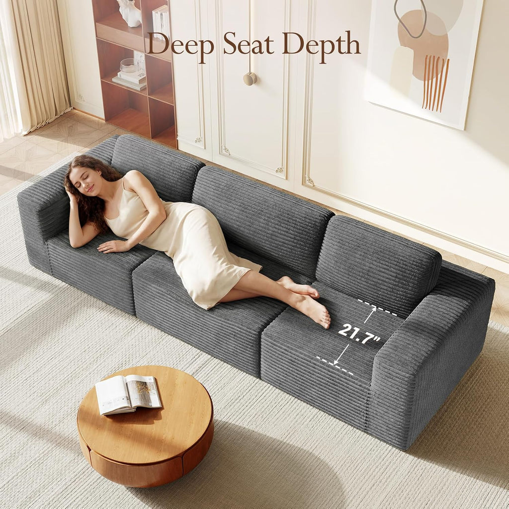 Vesgantti 119' Modular Sectional Sofa, Corduroy Cloud Couch with Deep Seating & Spring Support, 3 Seater Flexible Layout Sofa, Boneless Couch for Living Room & Apartment, No Assembly Required, Grey