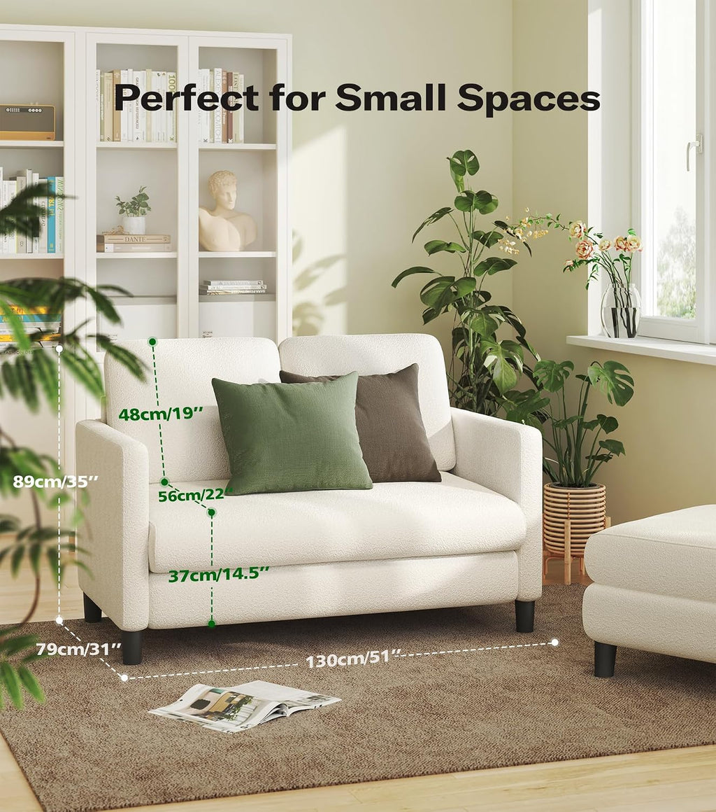 Welzona Loveseat, 51' Small Couch, Comfy Teddy Love Seat for Living Room, Tool-Free Setup Loveseat Sofa for Small Spaces, All-Wood Small Sofa Couch for Bedroom, Cream White