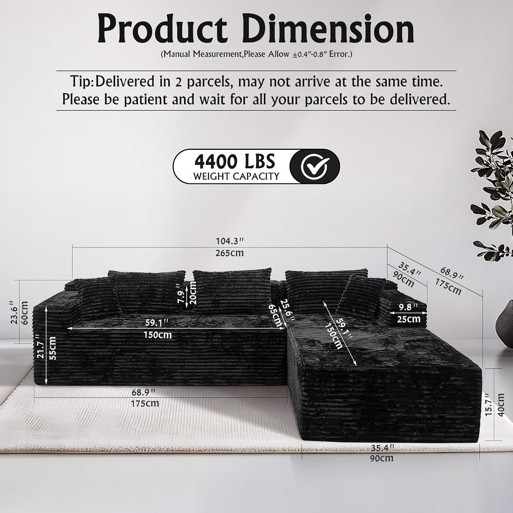 Sectional Couches for Living Room Corduroy Couch, 104' Cloud Sectional Couch with L-Shape Chaise, Modern Modular Sofa, Deep Seat Comfort, No Assembly Required(Plush Corduroy, Right Facing Chaise)