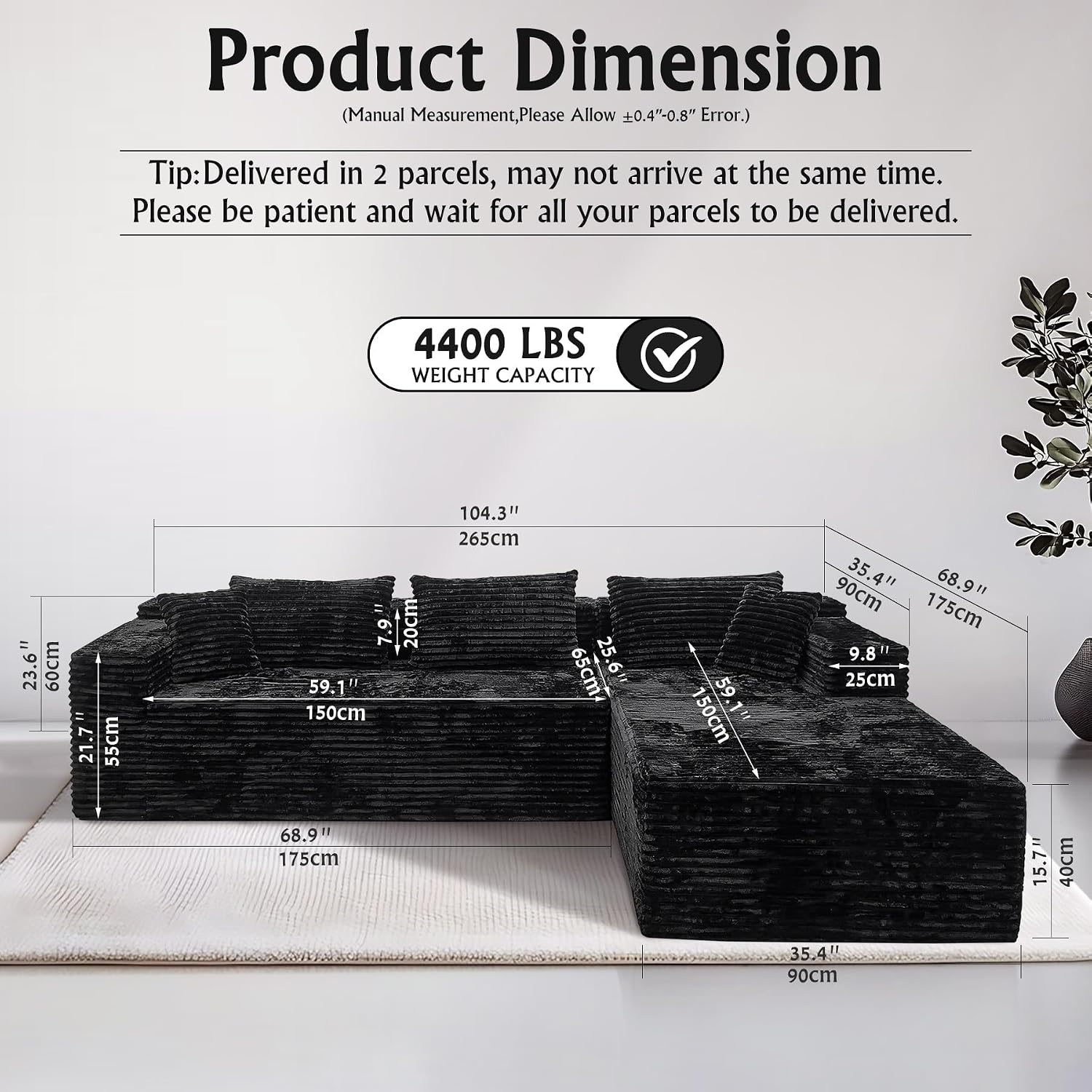Sectional Couches for Living Room Corduroy Couch, 104' Cloud Sectional Couch with L-Shape Chaise, Modern Modular Sofa, Deep Seat Comfort, No Assembly Required(Plush Corduroy, Right Facing Chaise)