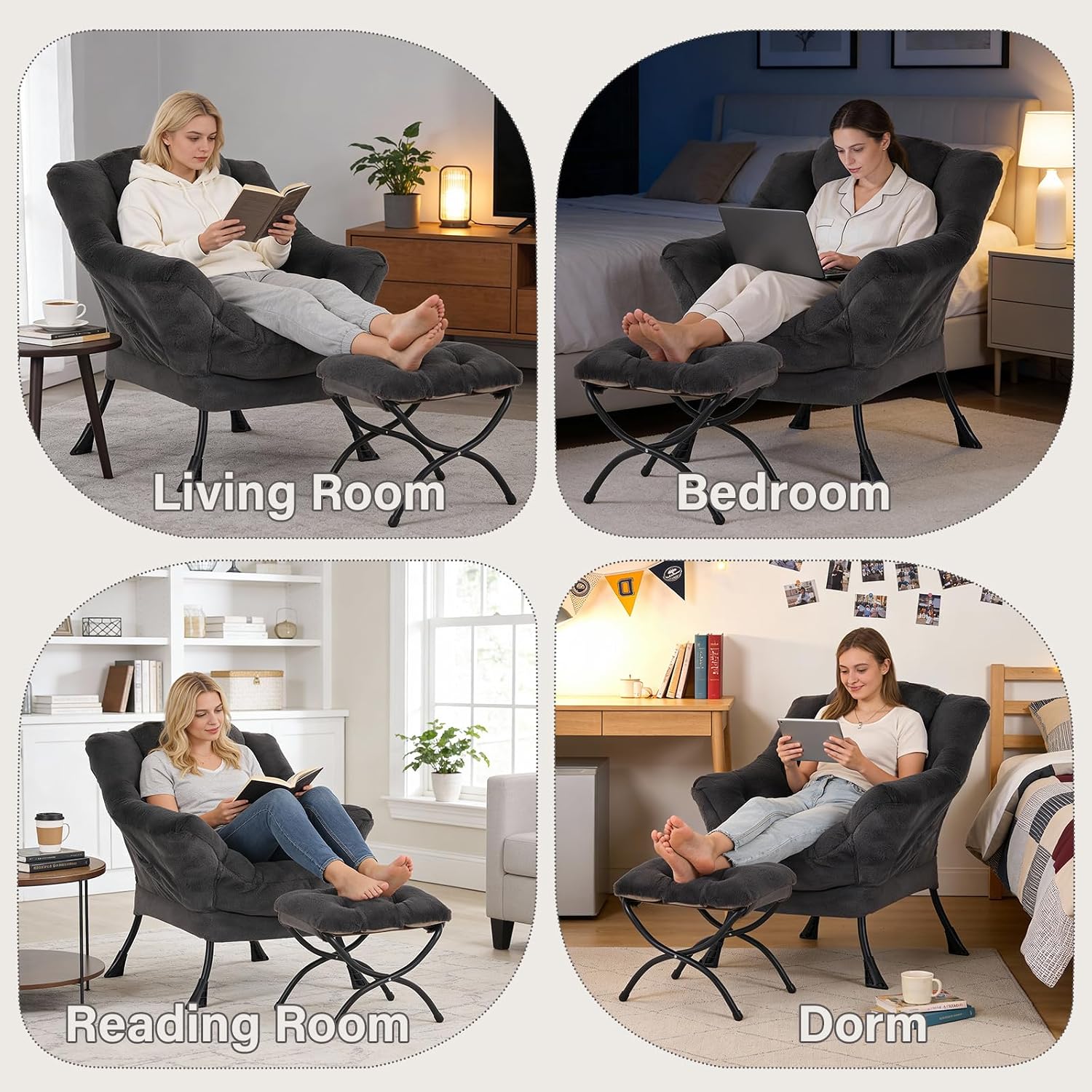 MBOOYOME Lazy Chair with Folding Ottoman, Modern Accent Lounge Armchair with Armrests and a Side Pocket & Foldable Footstool, Leisure Reading Chair for Living Room, Bedroom, Dorm & Office, Plush Navy