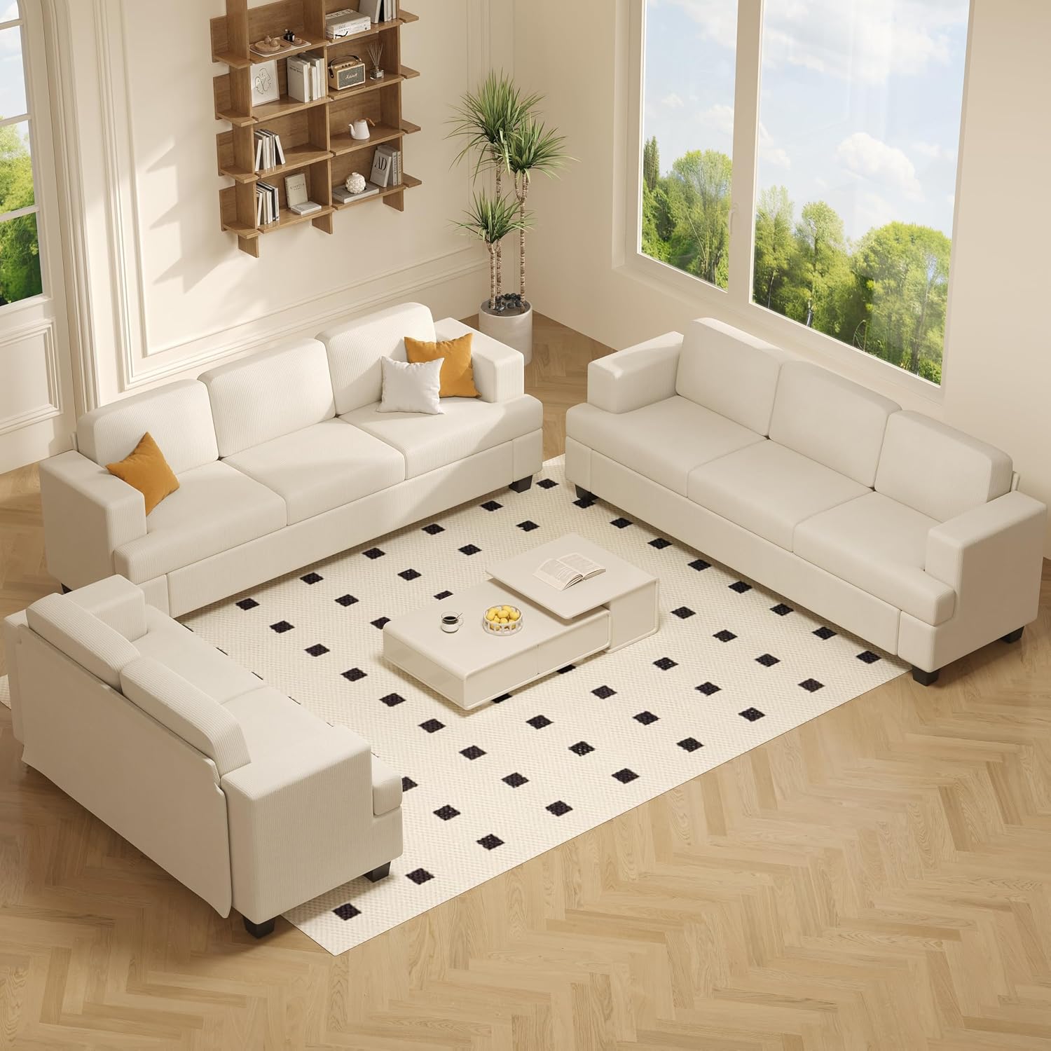 Apicizon 3 Piece Sofa Set 89'' 3-Seat Couch Sofa with Loveseat, Set of 3 Corduroy Couches for Living Room, Modern Lounge Sofa Couches for Apartment Lounge, White Corduroy Living Room Set