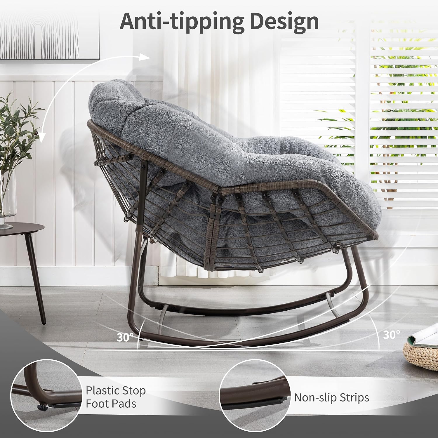 HOMEFUN Nursery Rocking Chairs Oversized Papasan Chair Indoor with Padded Cushion Upholstered Glider for Reading Living Rooms BedroomsOffices, Teddy Grey