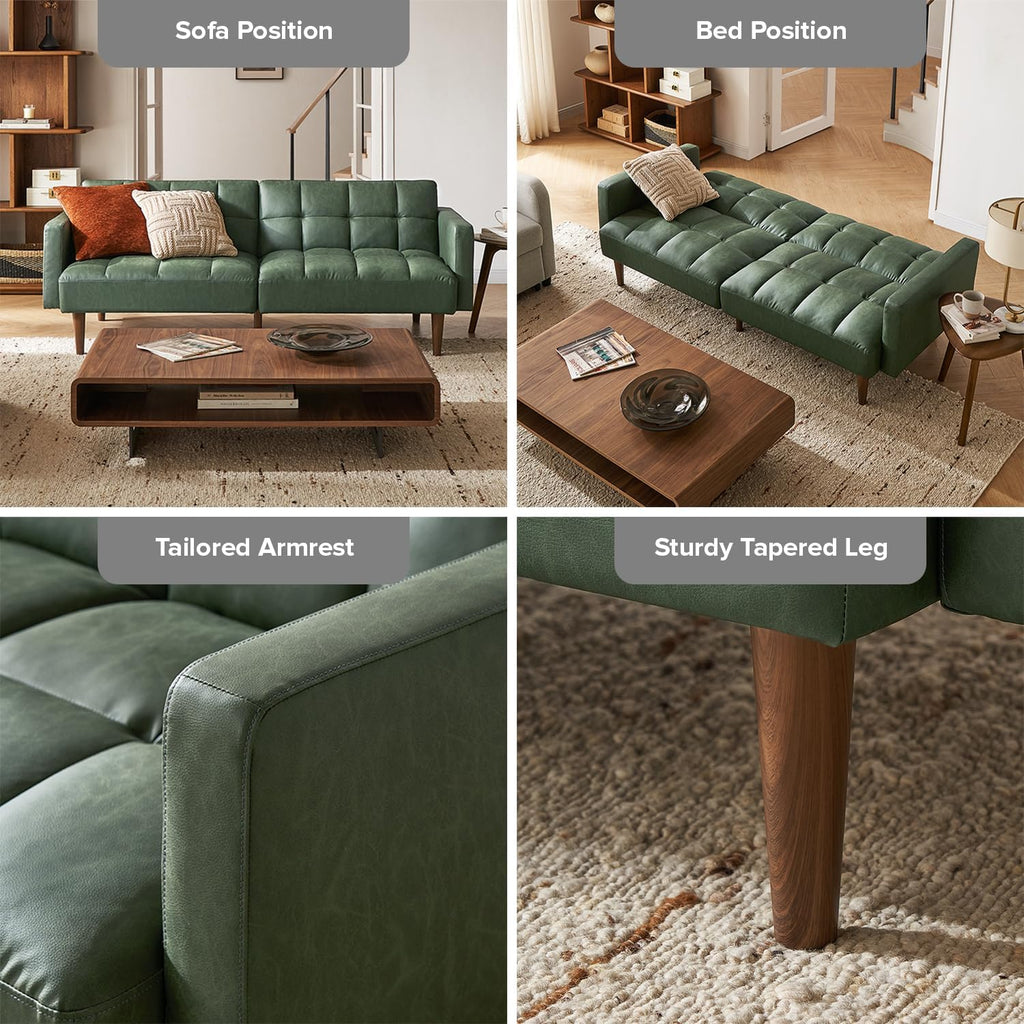 mopio 76.4' Futon Sofa Bed, Couch, Loveseat, Sleeper Sofa, Mid Century Modern Futon Couch, Sofa Cama, Couches for Living Room (Aaron PU, Sage Green)