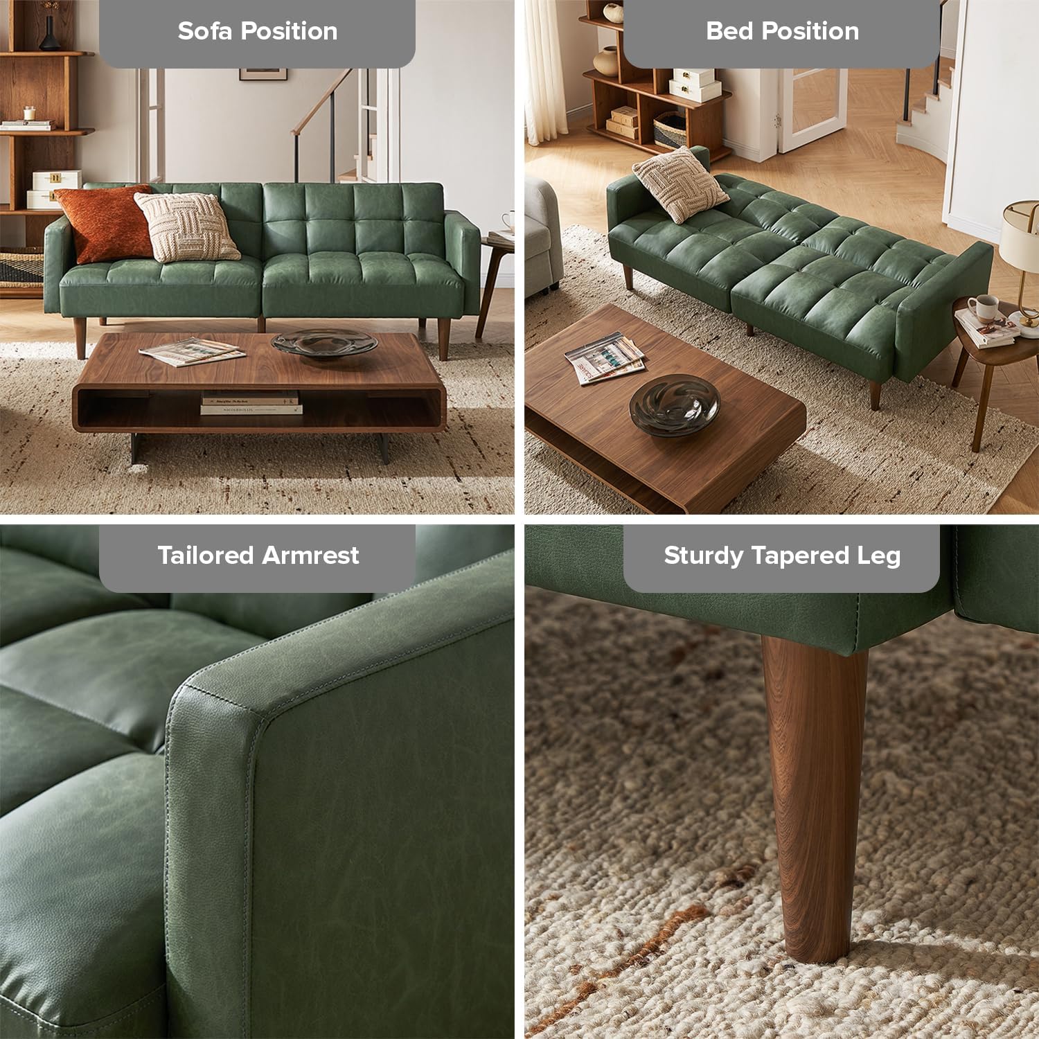mopio 76.4' Futon Sofa Bed, Couch, Loveseat, Sleeper Sofa, Mid Century Modern Futon Couch, Sofa Cama, Couches for Living Room (Aaron PU, Sage Green)
