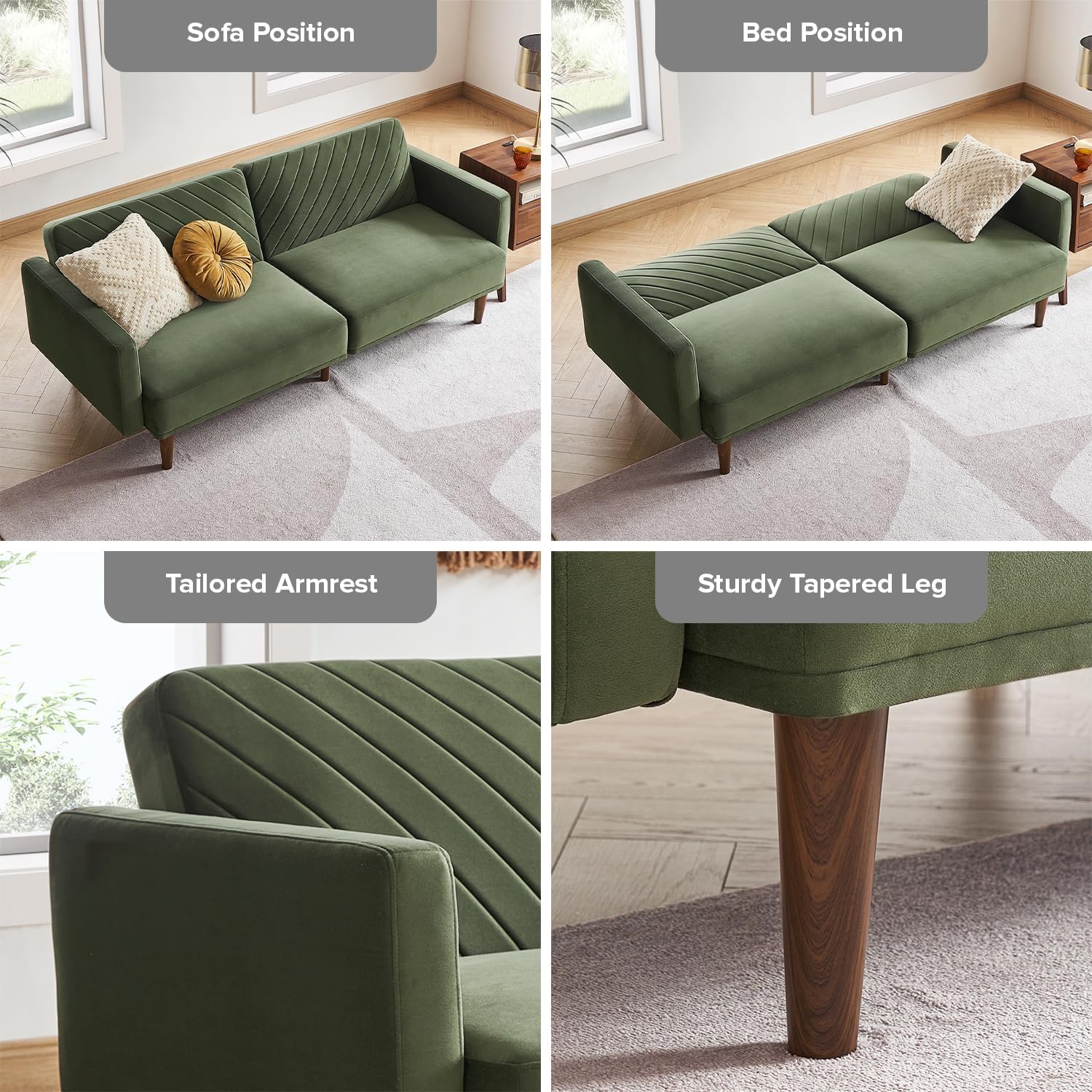 mopio 76.4' Futon Sofa Bed, Couch, Loveseat, Sleeper Sofa, Mid Century Modern Futon Couch, Sofa Cama, Couches for Living Room (Olive Green Premium Velvet)