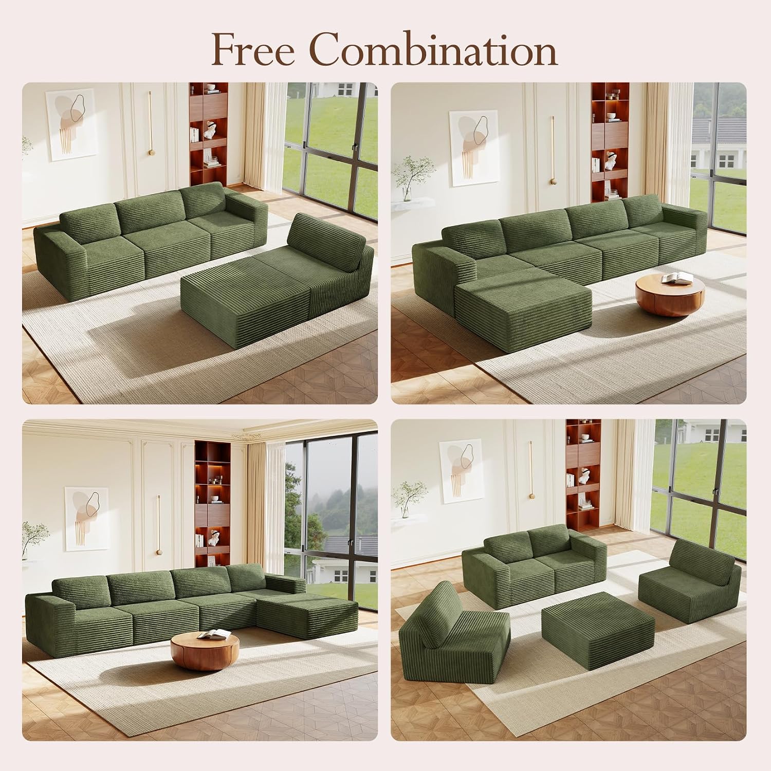 Vesgantti 159' Large Modular Sectional Sofa, L-Shaped Corduroy Cloud Couch with Deep Seats & Spring Support, 4-Seater Boneless Sofa with Movable Ottoman, No Assembly Needed, Green