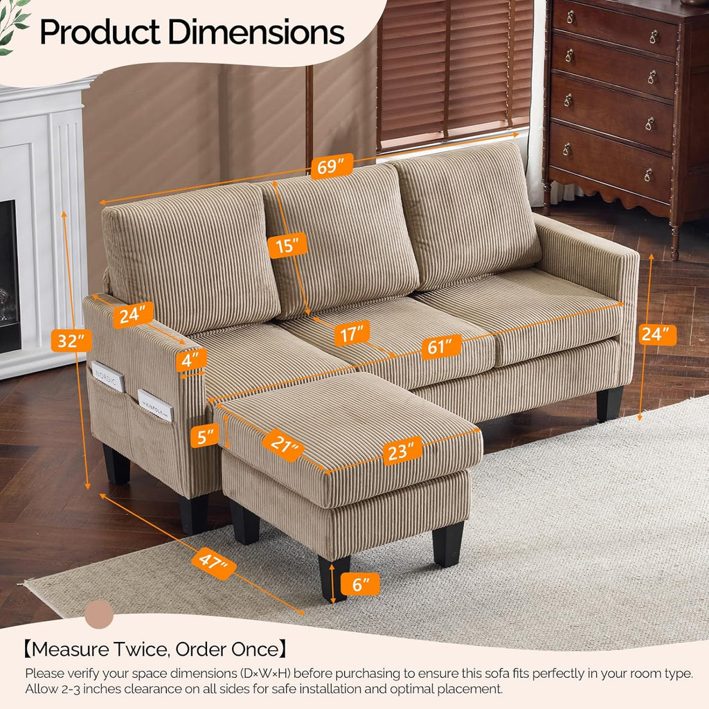 VINGLI 68.5' L Shaped Couch with Movable Storage Ottoman, Convertible Sectional Sofa in Soft Corduroy Fabric, Modern Reversible Chaise Couch for Small Spaces, Apartment, Living Room，Khaki