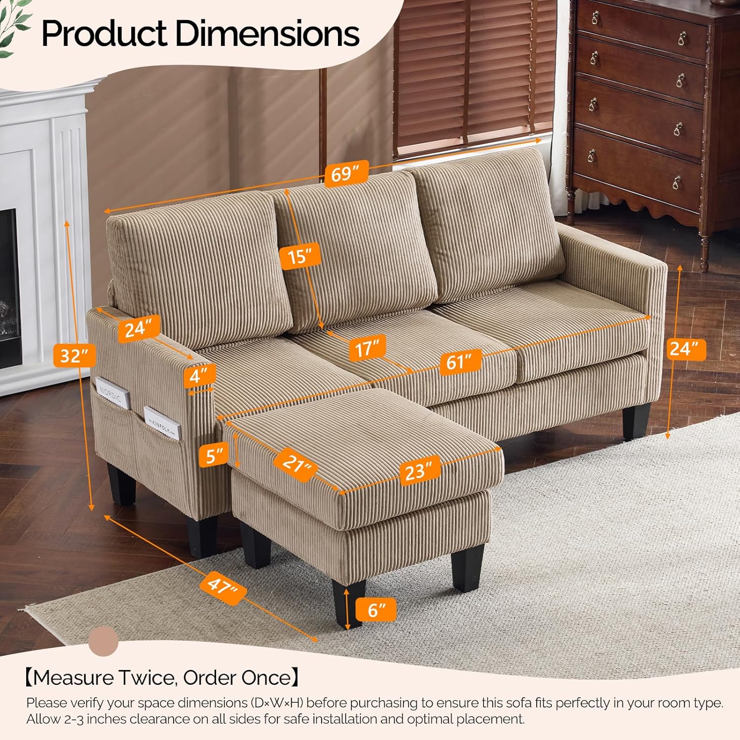 VINGLI 68.5' L Shaped Couch with Movable Storage Ottoman, Convertible Sectional Sofa in Soft Corduroy Fabric, Modern Reversible Chaise Couch for Small Spaces, Apartment, Living Room，Khaki