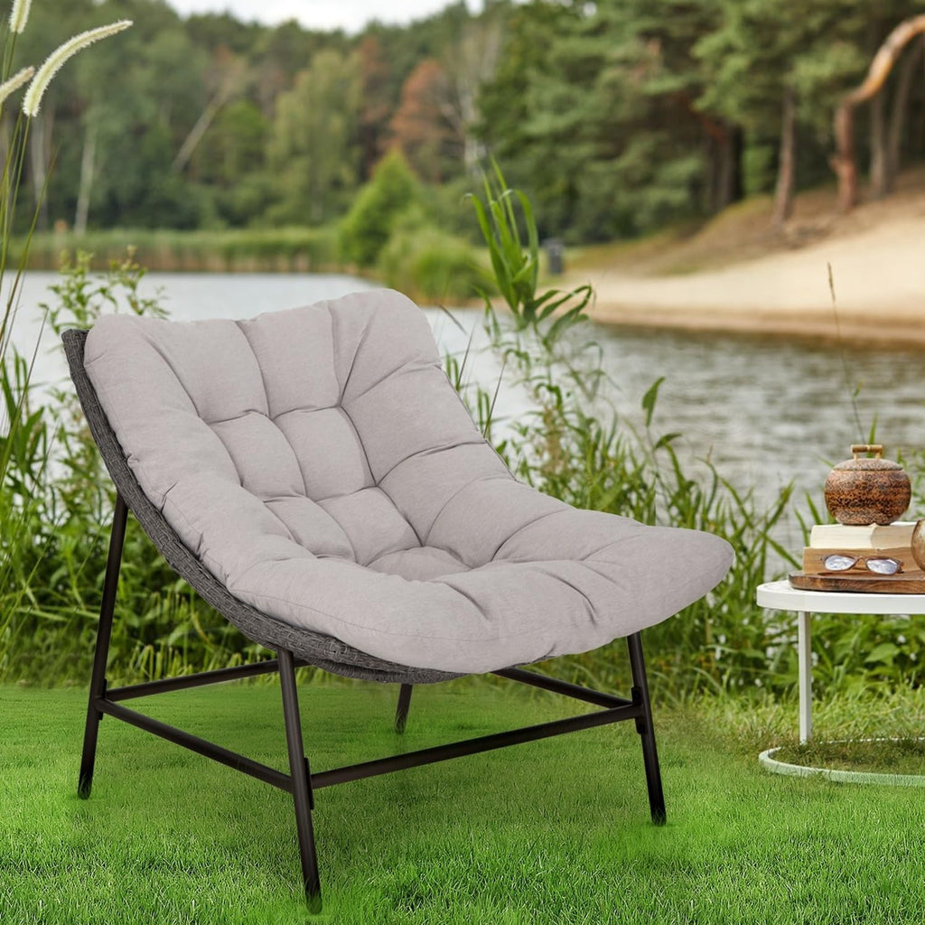 MFSTUDIO Outdoor Scoop Rattan Egg Lounge Chairs Patio Seating for 2, Comfy Outdoor Acapulco Rattan Papasan Patio Wicker Chair Set of 2 with Cushions, Outside Wicker Egg Chairs, 330lbs