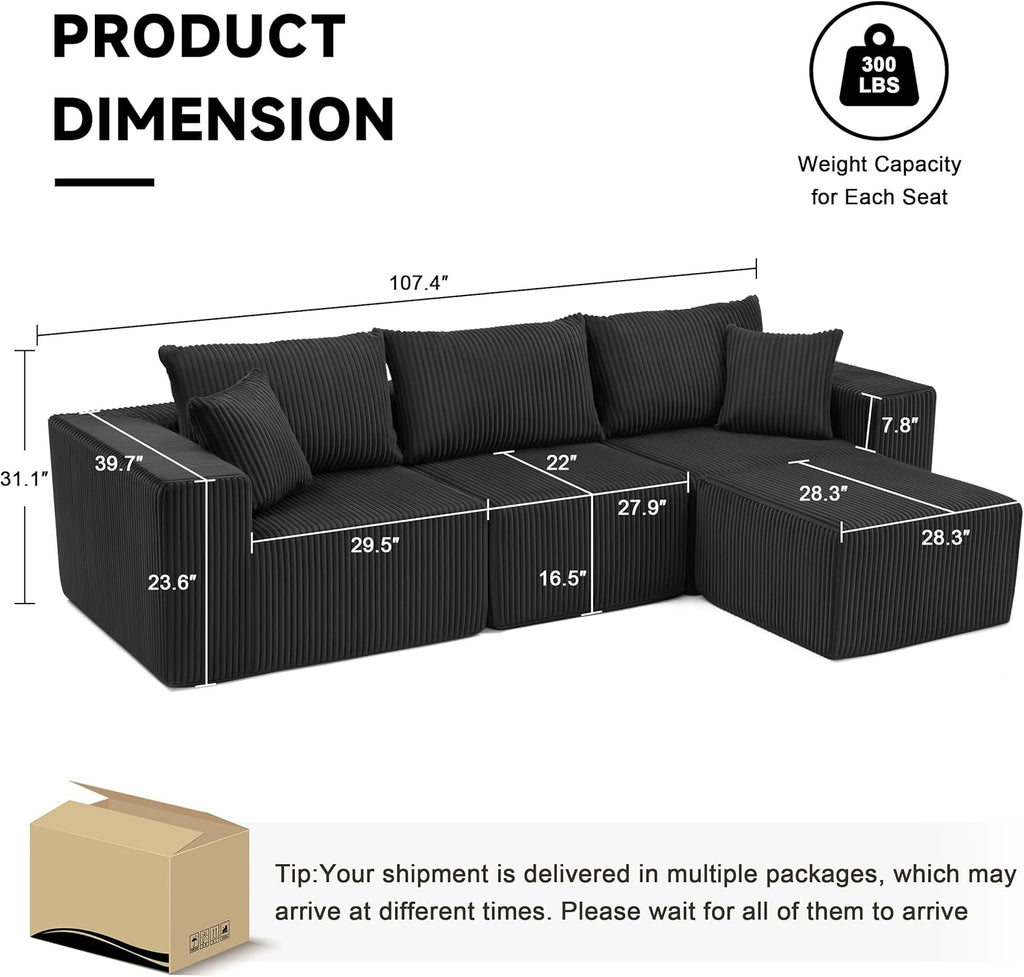 Cloud Couch Sectional, Modular Sofa with Deep Seat, Plush Corduroy U Shaped Boneless Couch, Convertible Sectional Couches for Living Room (Black, 3 Seater & 1 Ottoman)