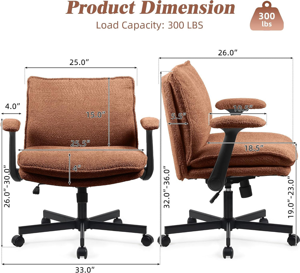 Kassipo Criss Cross Legged Office Chair with Wheels and Flip-Up Arms, Upholstered Criss Cross Desk Chair, Wide Seat Chairs for Home Office, Vanity, Apartment, Orange