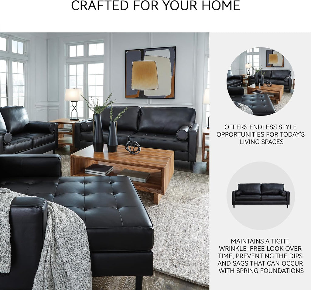 Signature Design by Ashley Bryceview Contemporary Leather Match Tufted Sofa with 2 Bolster Pillows, Black