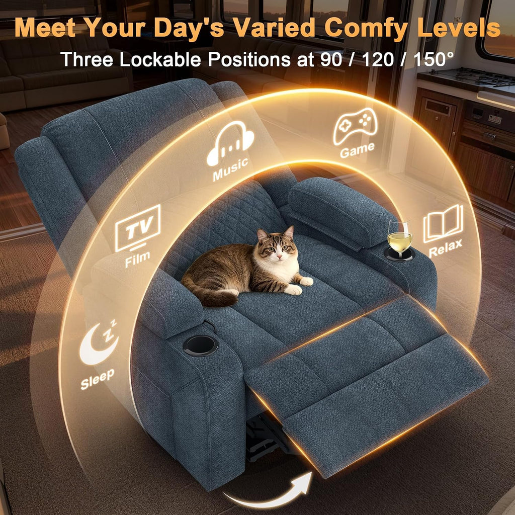 Oversized Manual Recliner Chair, 3 Angle Recliner Home Theater Seating, RV Recliner Single Sofa with Hidden Arm Storage, Cup Holder & Side Pocket (Single, Blue)