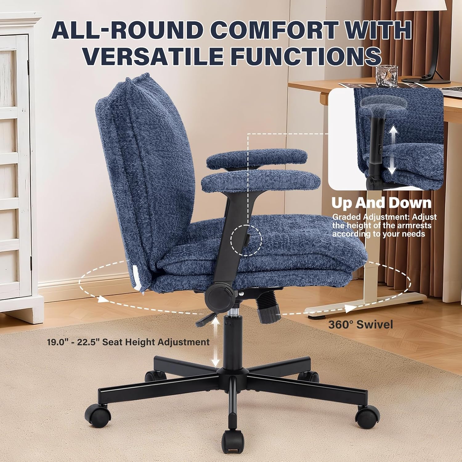 Kassipo Criss Cross Legged Office Chair with Wheels and Flip-Up Arms, Upholstered Criss Cross Desk Chair, Wide Seat Chairs for Home Office, Vanity, Apartment, Navy Blue