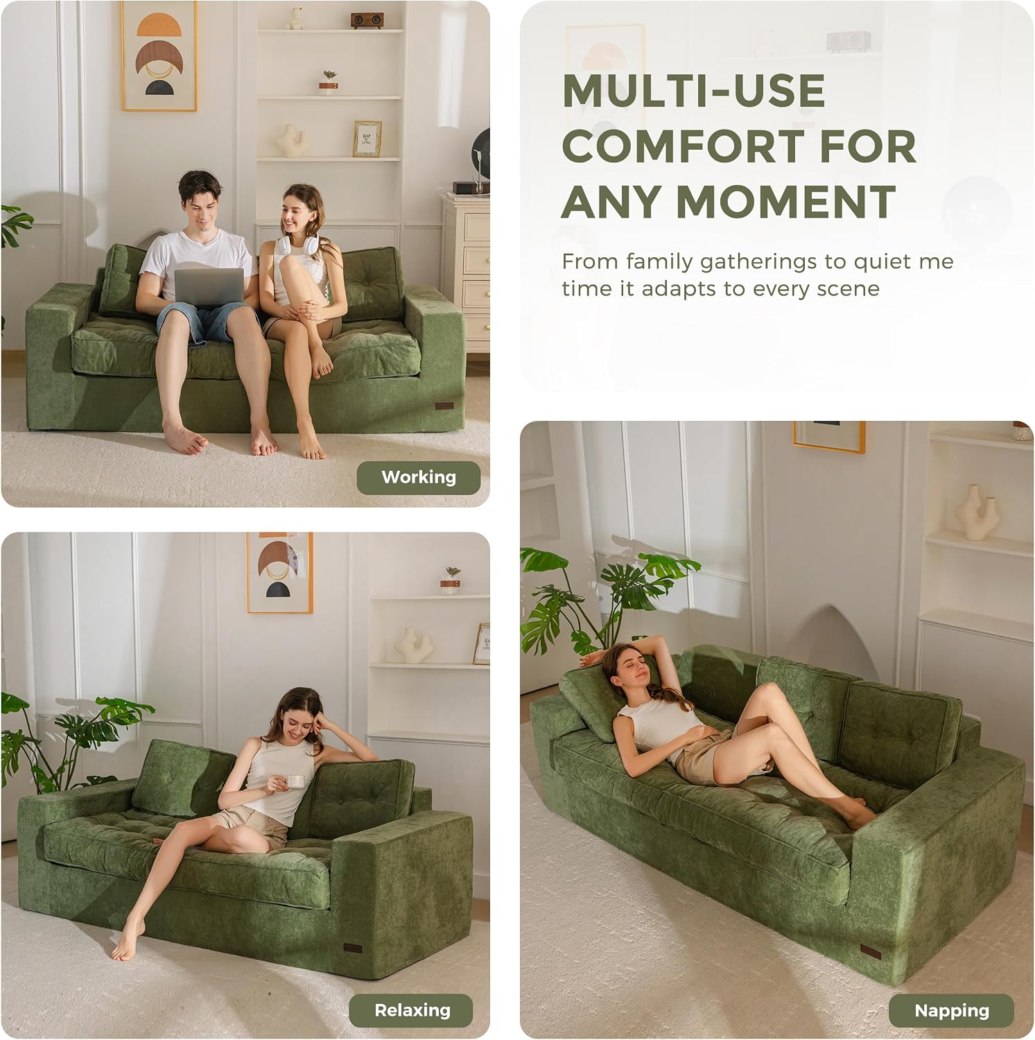 MAXYOYO Boneless Sofa Couch, 75' Oversized Loveseat Sofa, Tufted Floor Couch Bean Bag Chair for Living Room Bedroom Apartment, Sofa in a Box, No Assembly Needed, Green