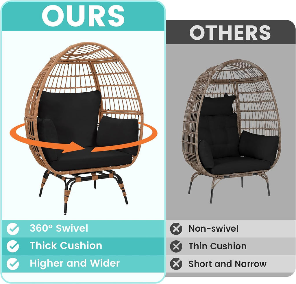Murago Oversized 360° Swivel Rattan Egg Chair for Adult, Indoor Outdoor Patio Large Wicker Egg Chair with Overstuffed Cushions, 440lb Weight Capacity, Natural Rattan with Black Cushion