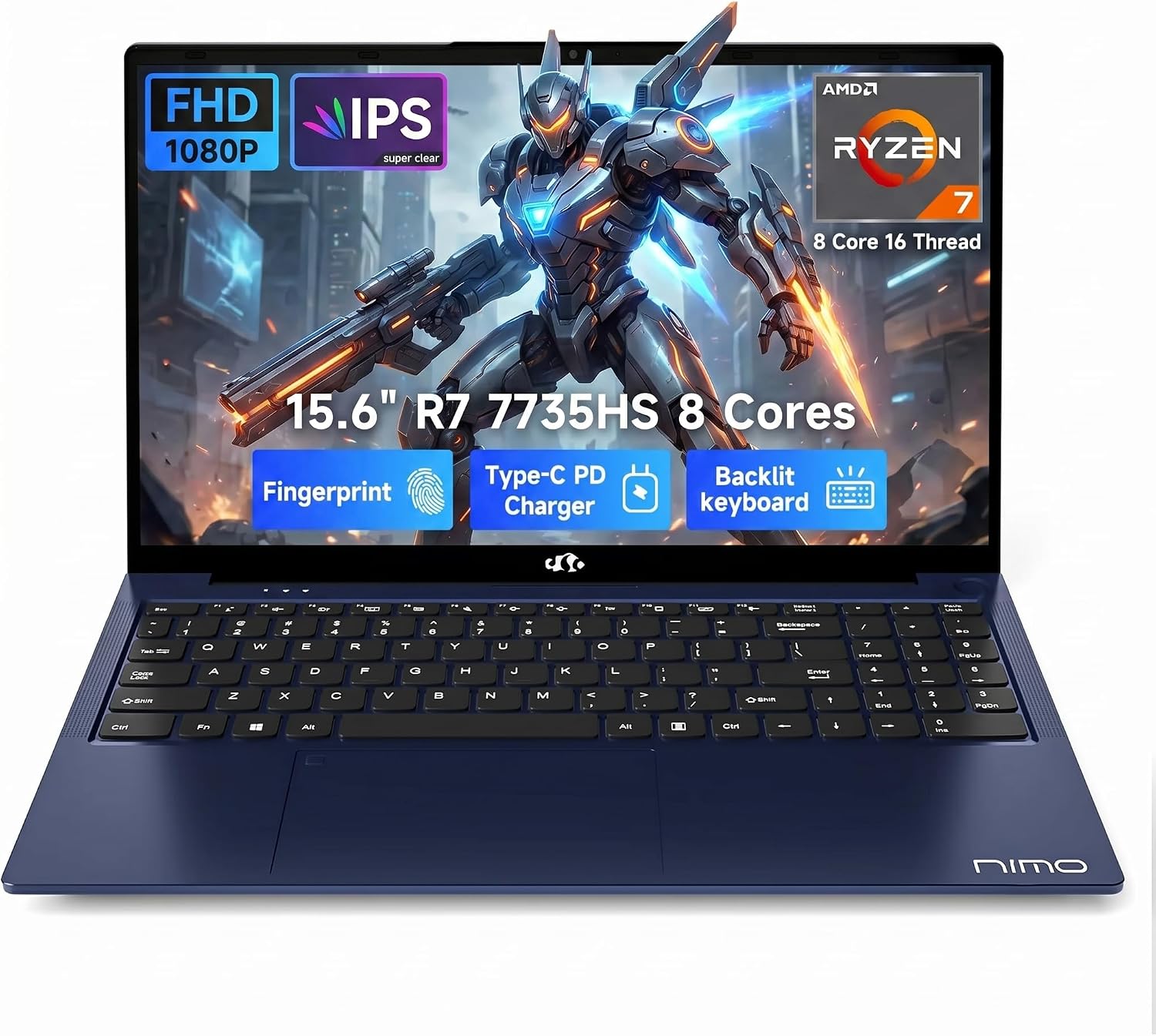NIMO Gaming Laptop 15.6', AMD Ryzen 7 7735HS (Beat 4.75GHz), 16GB DDR5 RAM, 512GB PCIe 4.0 SSD, Windows 11 Home, 1080P FHD Display, Backlit Keyboard, 100W PD Fast Charge, 2X Full-Function USB-C