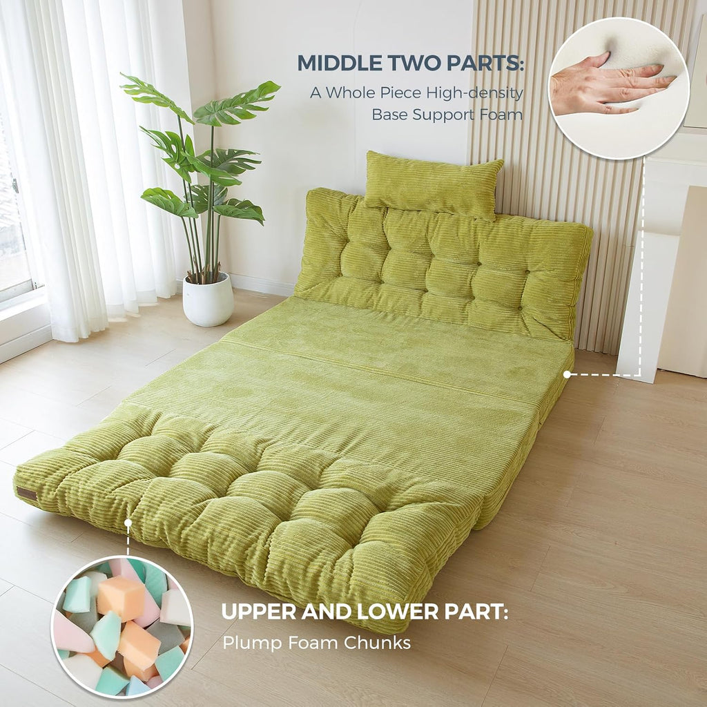 MAXYOYO Folding Sofa Bed, Tufted Bean Bag Bed with Pillows Floor Mattress for Adults, Extra Thick and Long Floor Sofa, Twin Couch for Bedroom Living Room, Green, 39x91 Inch