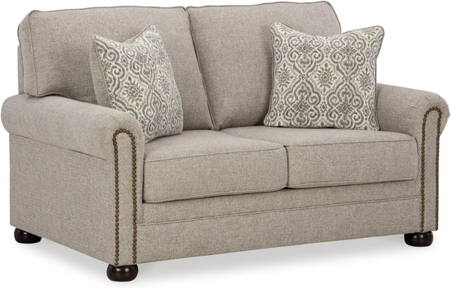 Signature Design by Ashley Gaelon Transitional Loveseat with Nailheads and 2 Accent Pillows, Beige