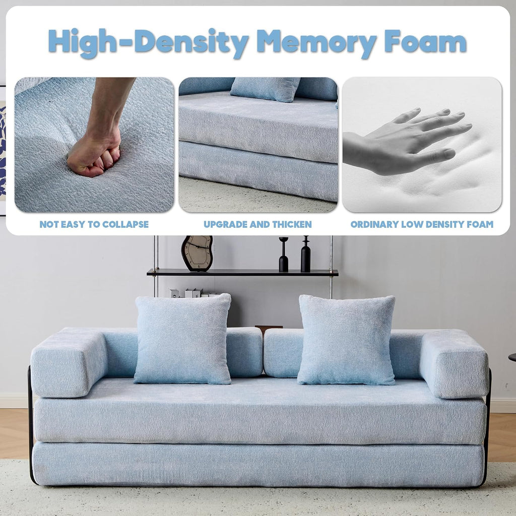 ZEIINPA Convertible Floor Sofa Bed with Fixed-Shape Frame, Modular Chenille Folding Mattress Couch with Armrest, Floor Sofa Lounge Couch for Living Room Bedroom Lounge Studio,Sky Blue