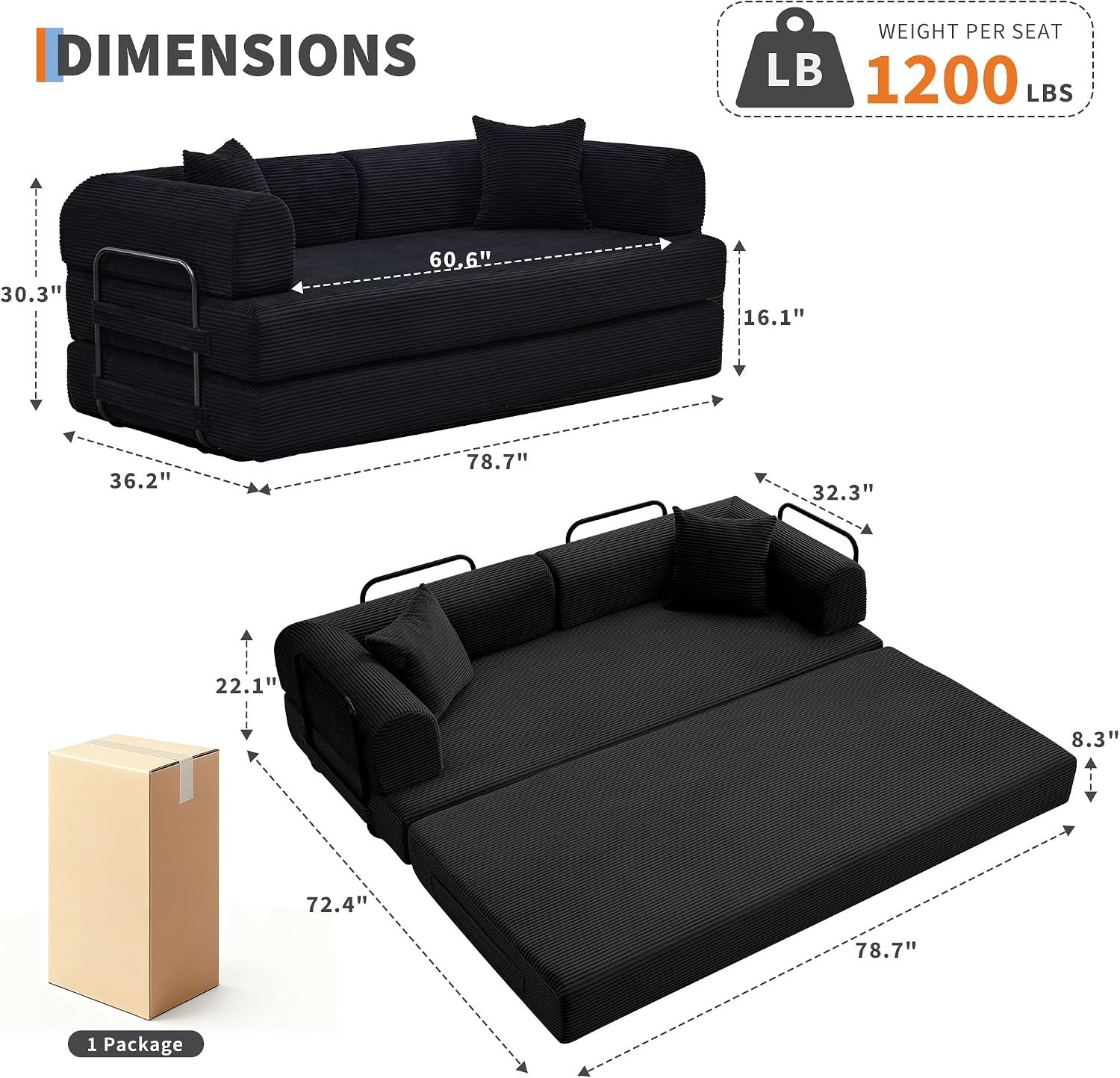 GarveeHome 79' Convertible Sleeper Sofa Bed Couch, 4-in-1 Boneless Corduroy Folding Sofa Bed with Pillow & Fixed-Shape, Floor Mattress Couch Loveseat for Living Room Apartments - No Assembly, Black