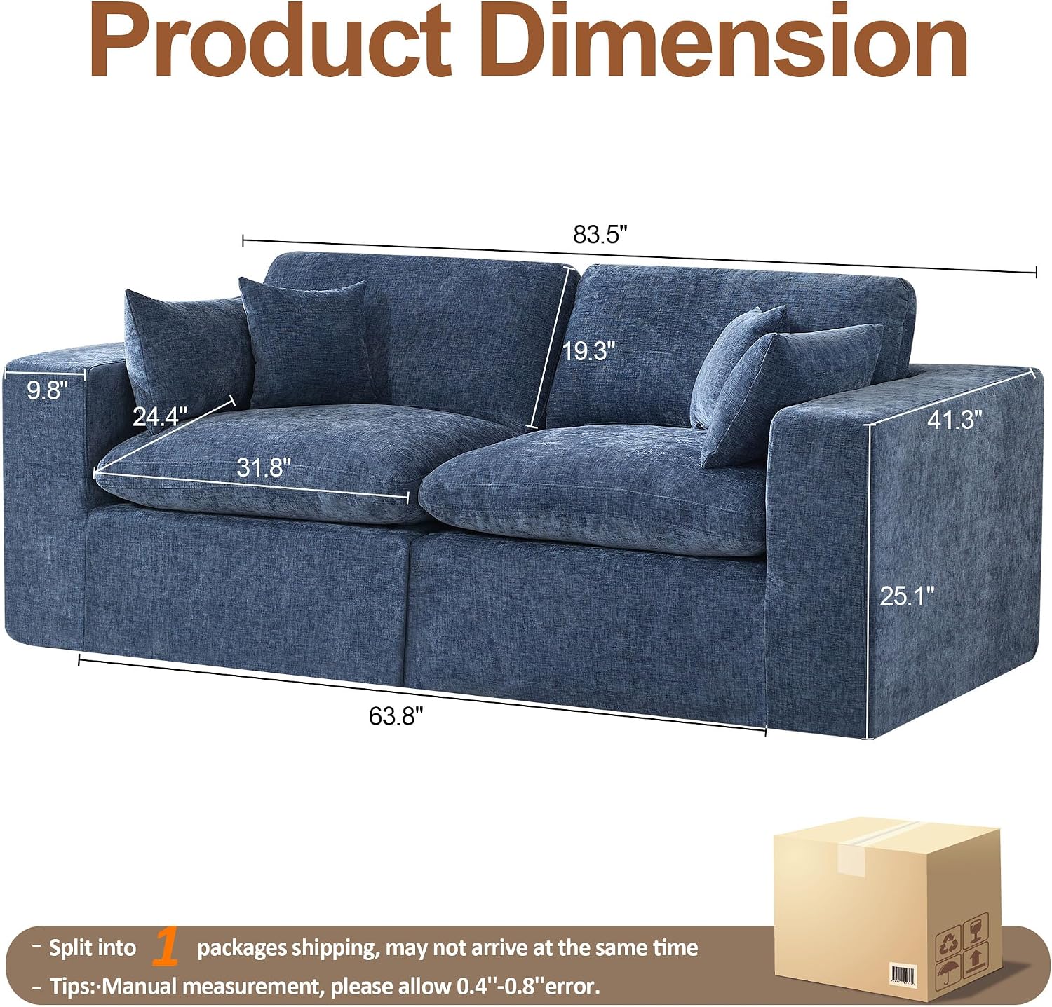 83''Cloud Boneless Sectional Couch, Modular Sectional Sofa Deep Seat, Upholstered Convertible Comfy Loveseat Chenille Memory Foam Sofa Couches for Living Room, Blue