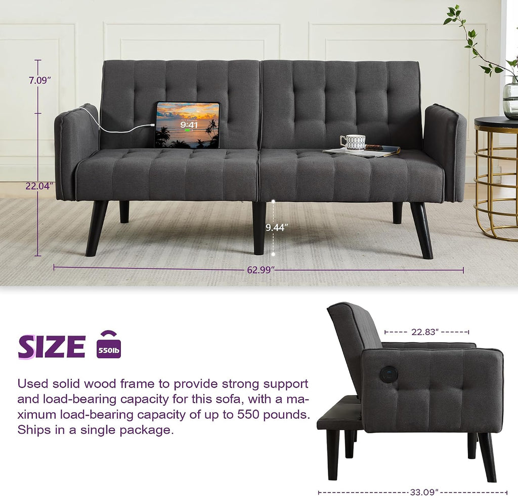 TYBOATLE 65' Convertible Futon Sofa Bed w/ 2 USB, Upholstered Tufted Small Adjustable Folding Couch Loveseat, Modern Mid Century Sleeper Sofa for Living Room, Bedroom, Apartment, Office (Dark Grey)