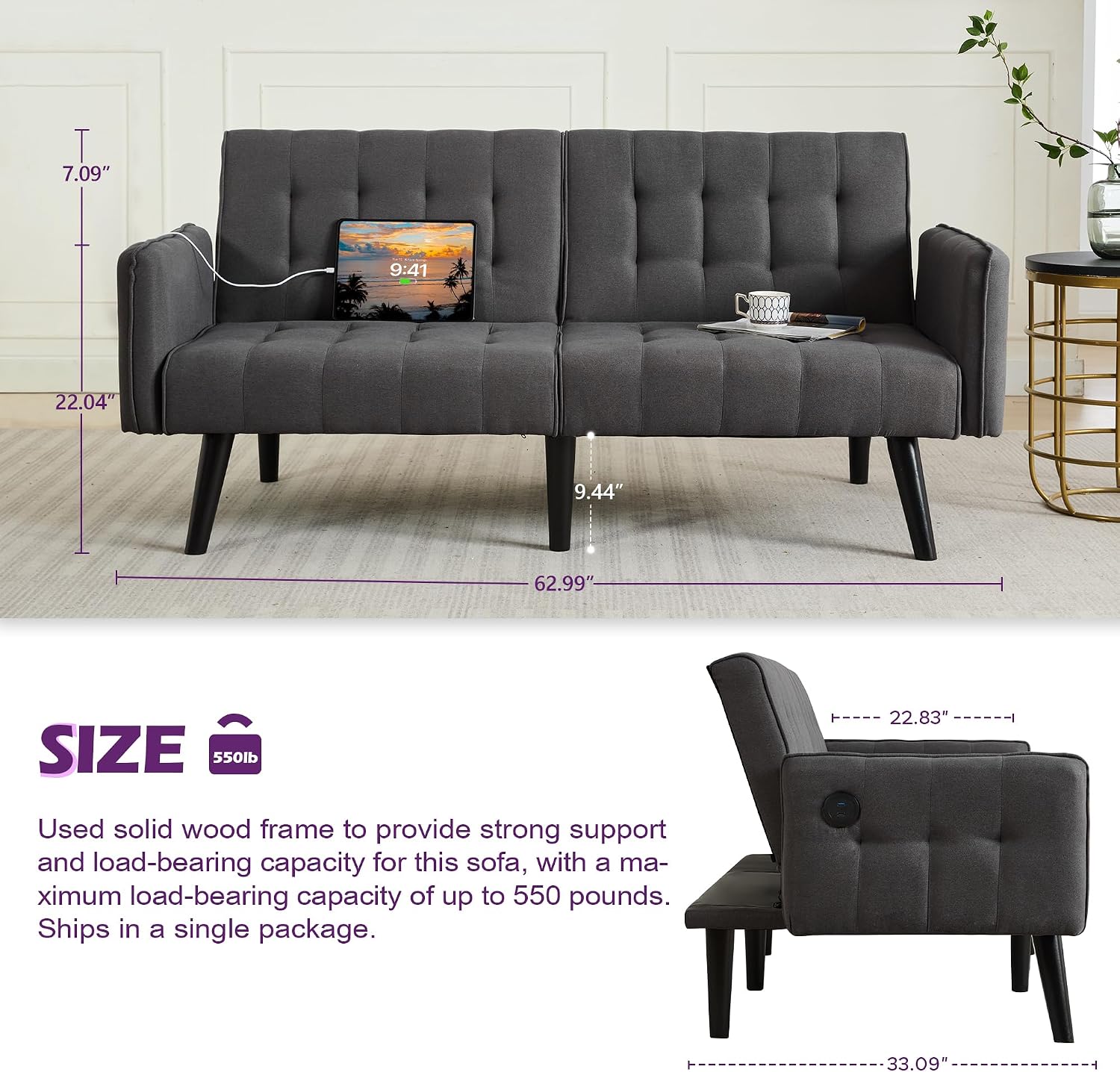 TYBOATLE 65' Convertible Futon Sofa Bed w/ 2 USB, Upholstered Tufted Small Adjustable Folding Couch Loveseat, Modern Mid Century Sleeper Sofa for Living Room, Bedroom, Apartment, Office (Dark Grey)