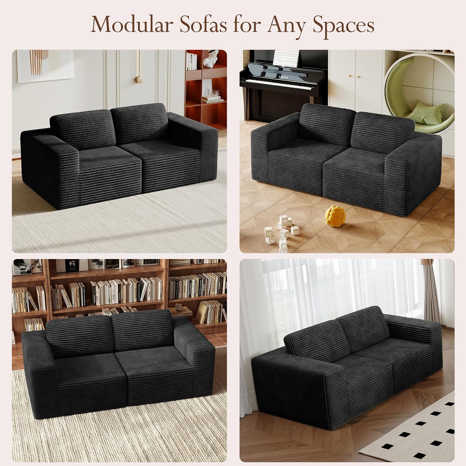 Vesgantti 80' Modular Sectional Sofa, Corduroy Cloud Couch with Deep Seating & Spring Support, 2 Seater Compact Modular Couch, Boneless Sectional Sofa for Small Spaces, No Assembly Required, Black
