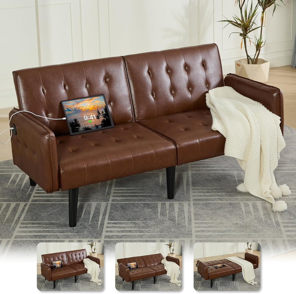 TYBOATLE 65' Convertible Futon Sofa Bed w/ 2 USB,Tufted Small Adjustable Folding Couch Loveseat, Modern Mid Century Faux Leather Sleeper Sofa for Living Room, Bedroom,Office, Brown