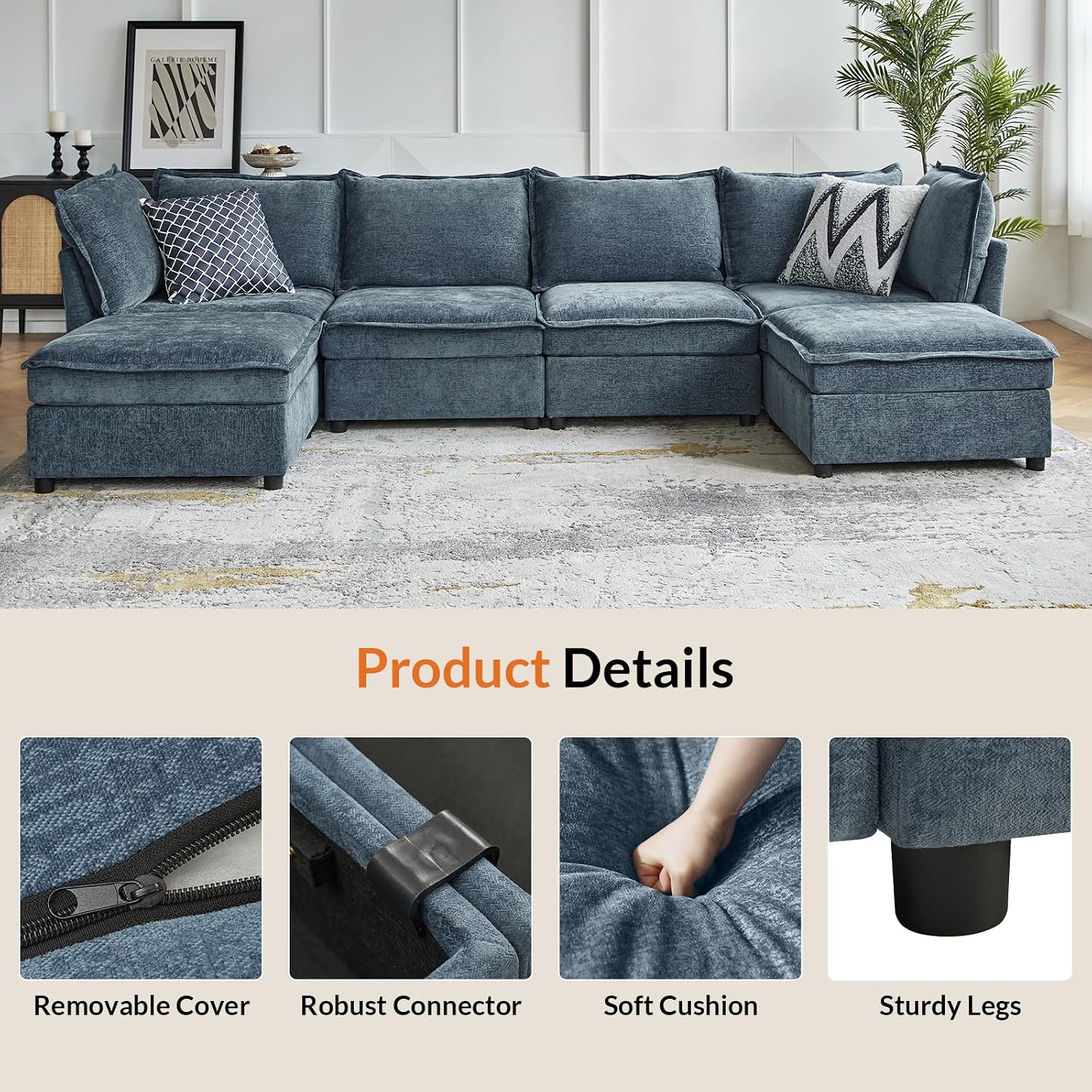 HULALA HOME 127'' Modular Sectional Sofa, Oversized U Shaped Couch with Storage Ottoman, Comfy Chenille Sofa with Deep Seat, 6 Seat Convertible Couches for Living Room, Blue