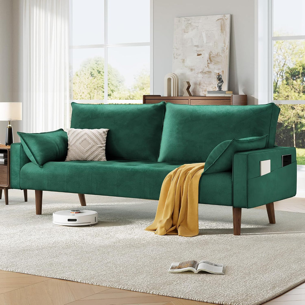 DWVO 68' Loveseat Sofa, Velvet Fabric Sofa Couch for Small Space, Modern Loveseat with Button Tufted Seat and Side Storage Pockect, 3 Seater Couch for Living Room Bedroom, 2 Pillows Included, Green