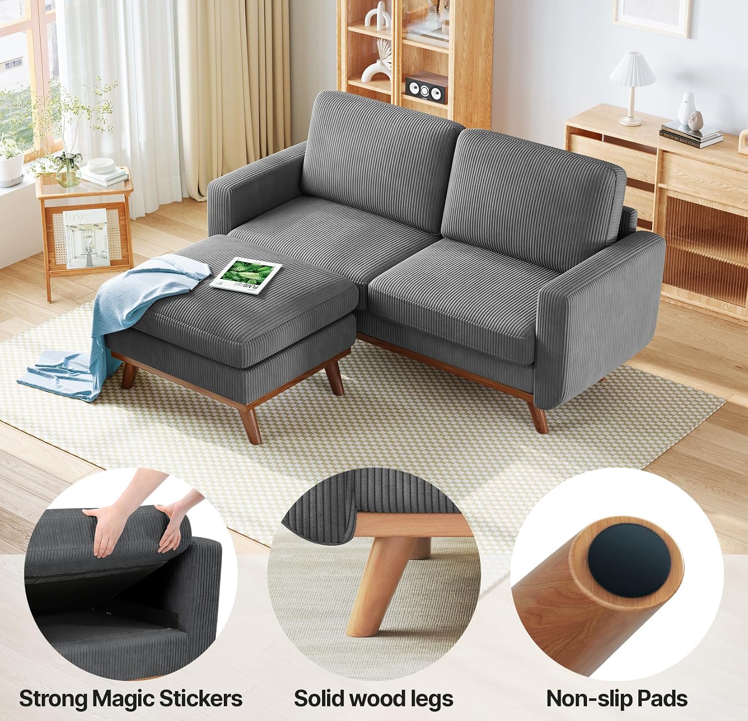 Vesgantti 68' Loveseat Sofa with Movable Ottoman, Comfy Corduroy Couch with Spring Cushion, Sofa Couch with Solid Wood, Modern Office Sofa with Deep Seat for Living Room and Bedroom, Dark Gray