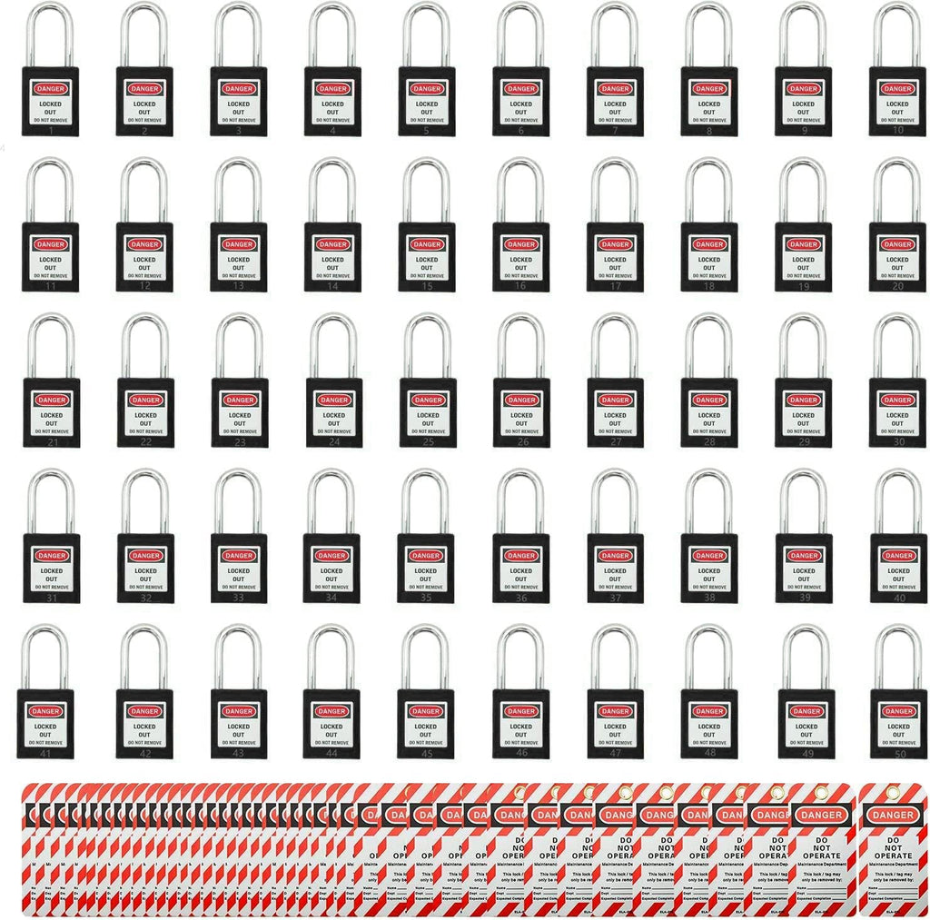 SAFBY 50 Keyed Different Lockout Tagout Locks with 50 Lock Out Tag Out Tags - Loto Safe Padlocks for Lock Out Tag Out Stations and Devices (1-50 Black)