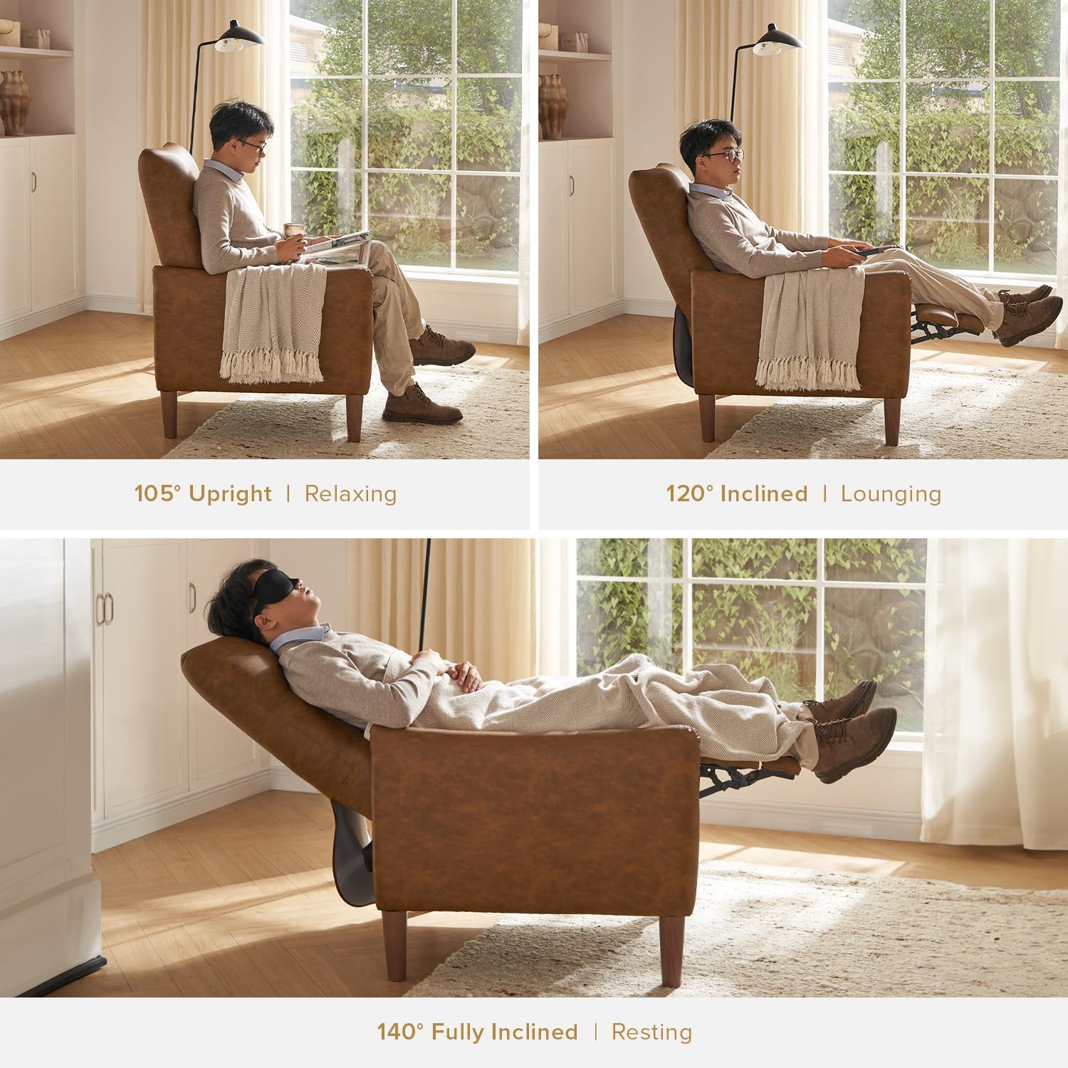 mopio Arthur Recliner Chair with 3 Positions, Accent Armchair, Mid Century Modern Reading Chair, High Back Padded Support Comfy Sleeper Armchair (Pecan Brown Faux Leather)