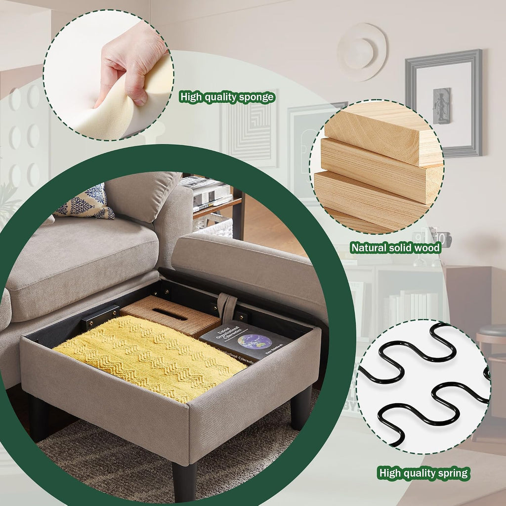 80' Convertible Sectional Sofa, Small L Shaped 3 Seat Couch with Reversible Storage Chaise, Modern Polyester Fabric Sofa Couches for Living Room, Apartment and Small Space, Beige