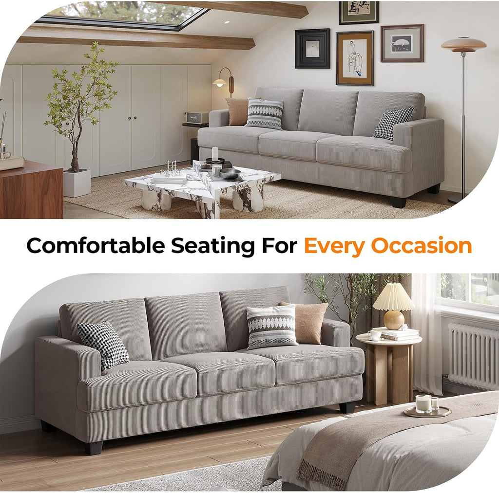 COPIAE 89 Inch Sofa with Extra Deep Seats Oversize, 3 Seater Sofa for Living Room, Modern Couch and Sofa, Comfy Armrests and Seats and Backrests, Easy Installation, Corduroy Fabric Light Grey
