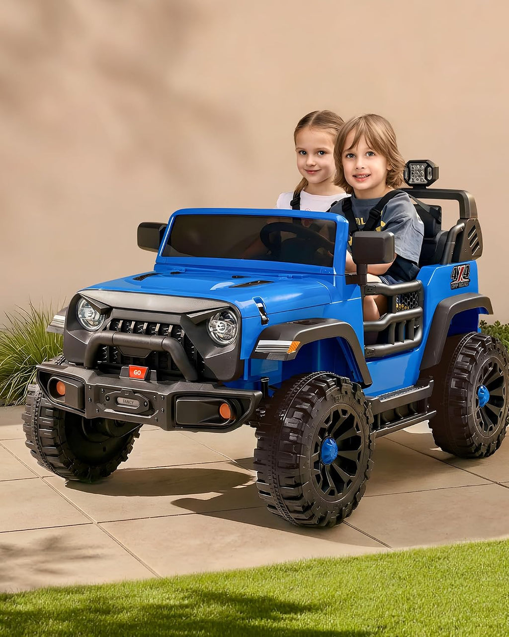 Outfunny 2 Seater Ride on Car Toy, 24V 4WD Electric Car for Kids 4-8 with Remote Control, 4x200W Motors, Capacity 150 lb - Blue