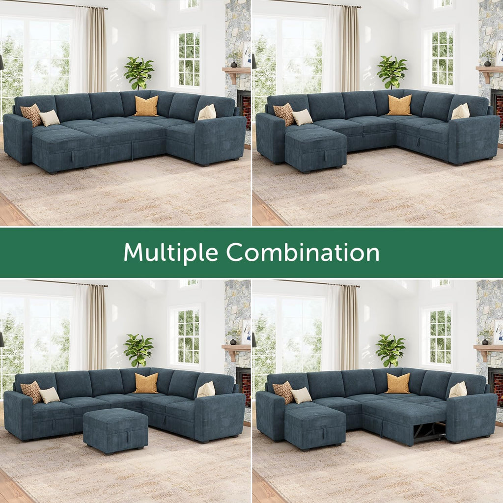 HONBAY Modular Sectional Sleeper Sofa with Pull Out Bed, Corduroy Couch with Storage, U Shaped Sectional Couches for Living Room, Blue